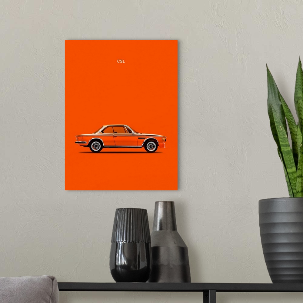 A modern room featuring Photograph of an orange BMW CLS 1972 printed on an orange background