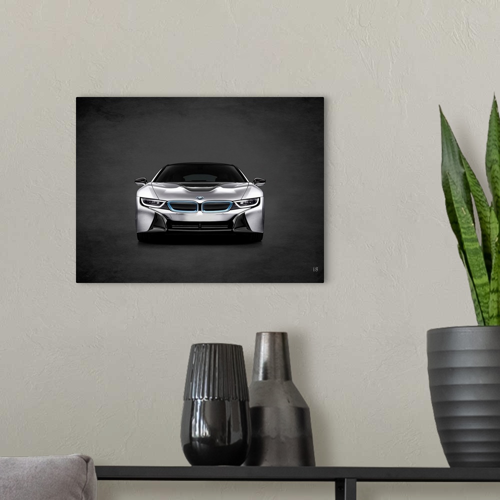 A modern room featuring Photograph of a silver BMW i8 printed on a black background with a dark vignette.