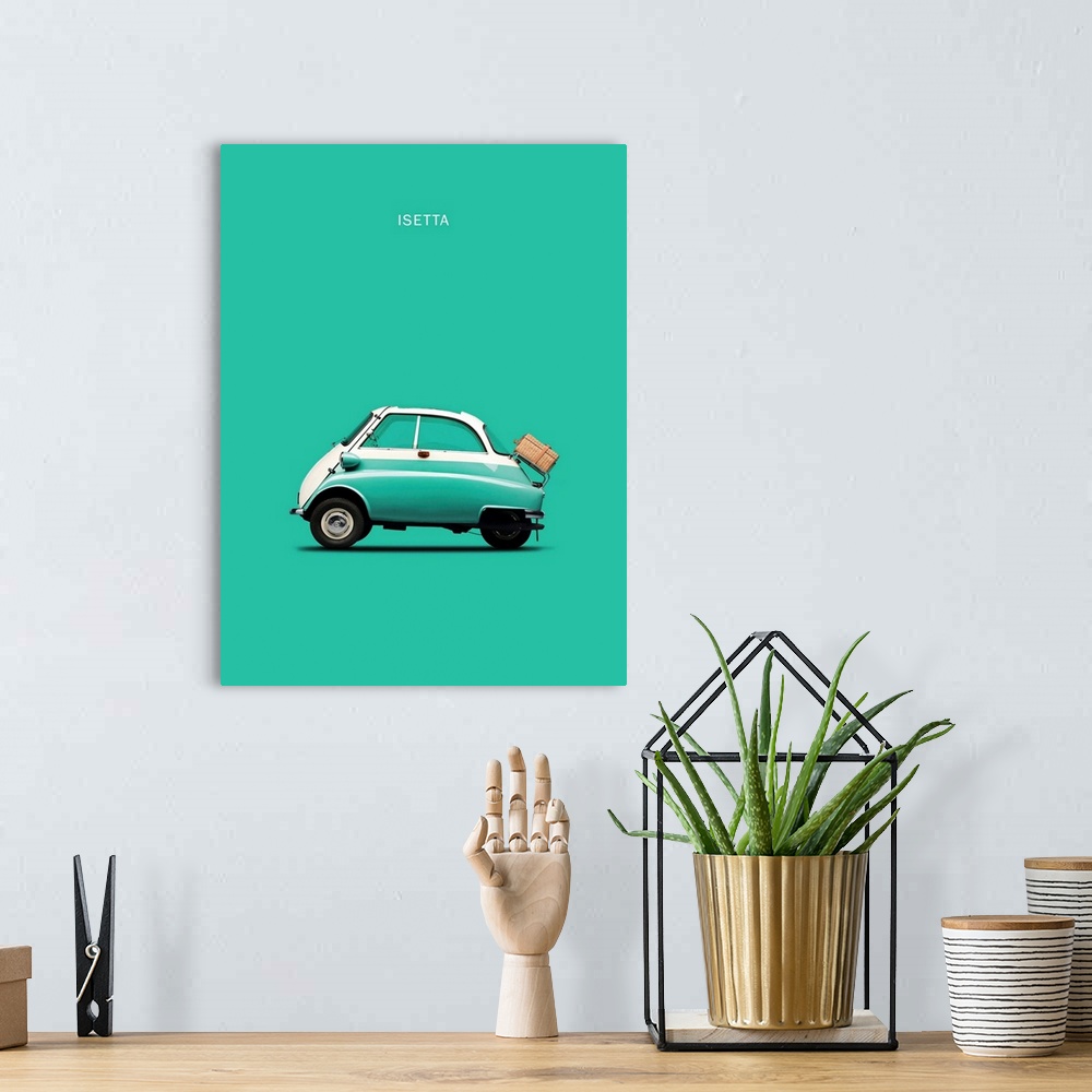 A bohemian room featuring Photograph of a teal BMW Isetta 300 printed on a teal background