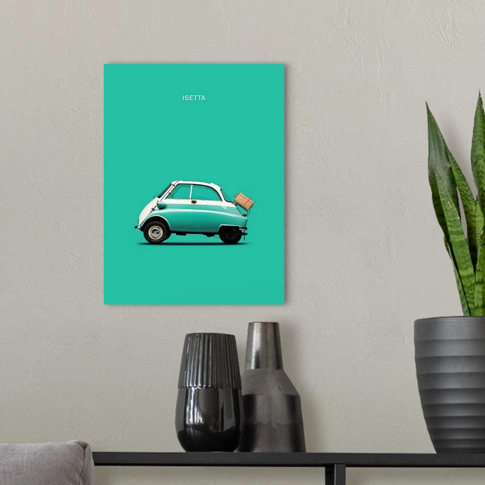 A modern room featuring Photograph of a teal BMW Isetta 300 printed on a teal background