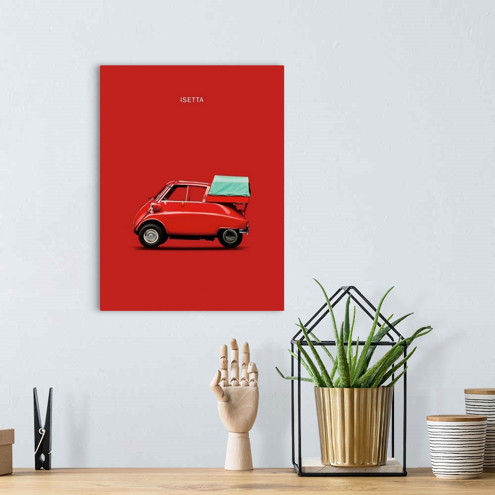 A bohemian room featuring Photograph of a red BMW Isetta 300 printed on a red background
