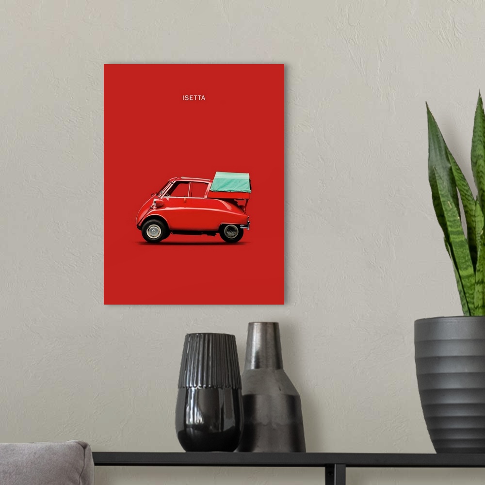 A modern room featuring Photograph of a red BMW Isetta 300 printed on a red background