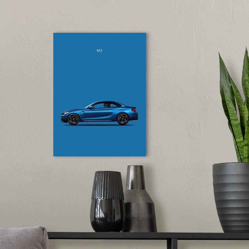 A modern room featuring Photograph of a blue BMW M2 printed on a blue background