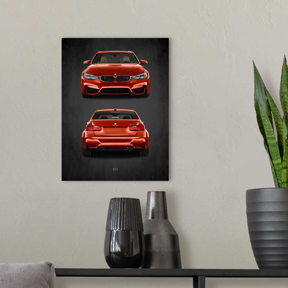 A modern room featuring Photograph of the front and back of an orange-red BMW M3 printed on a black background with a dar...
