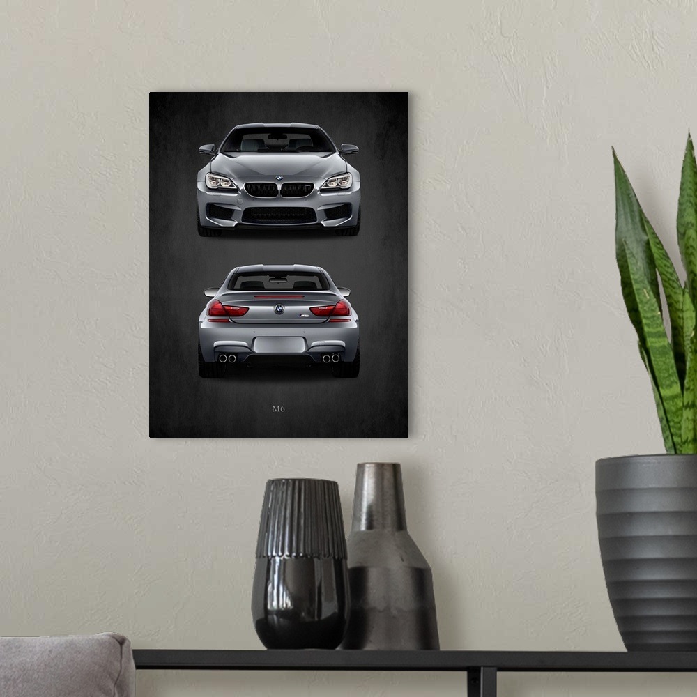 A modern room featuring Photograph of the front and back of a silver BMW M6 printed on a black background with a dark vig...