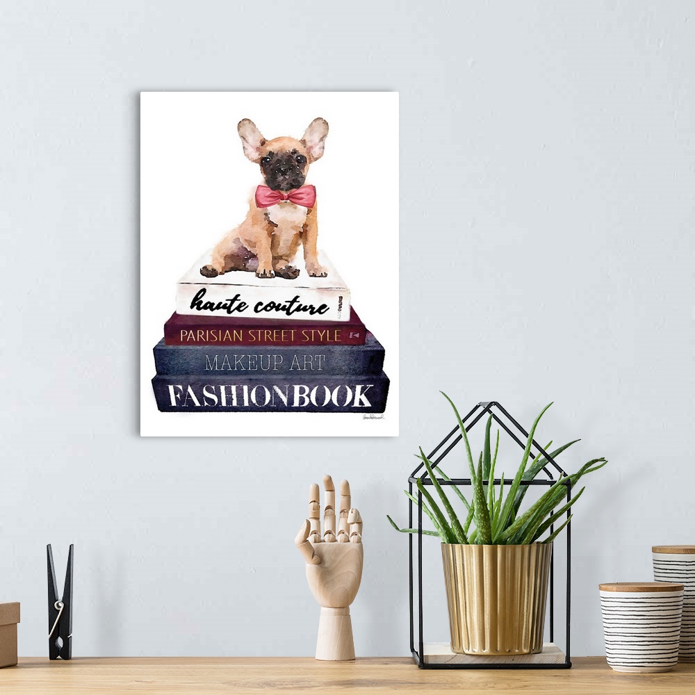 A bohemian room featuring A french bulldog sits atop a stack of designer books.