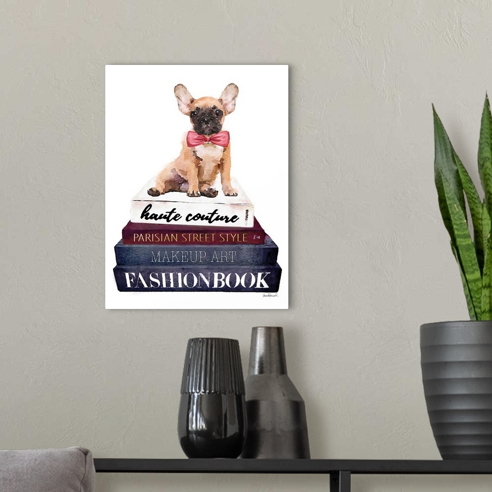 A modern room featuring A french bulldog sits atop a stack of designer books.