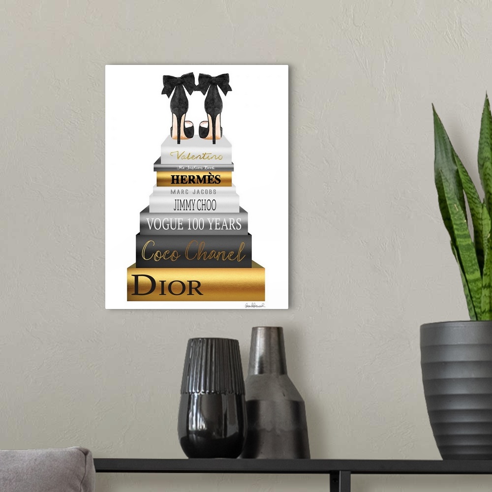 A modern room featuring Shoes sit atop a stack of designer books.