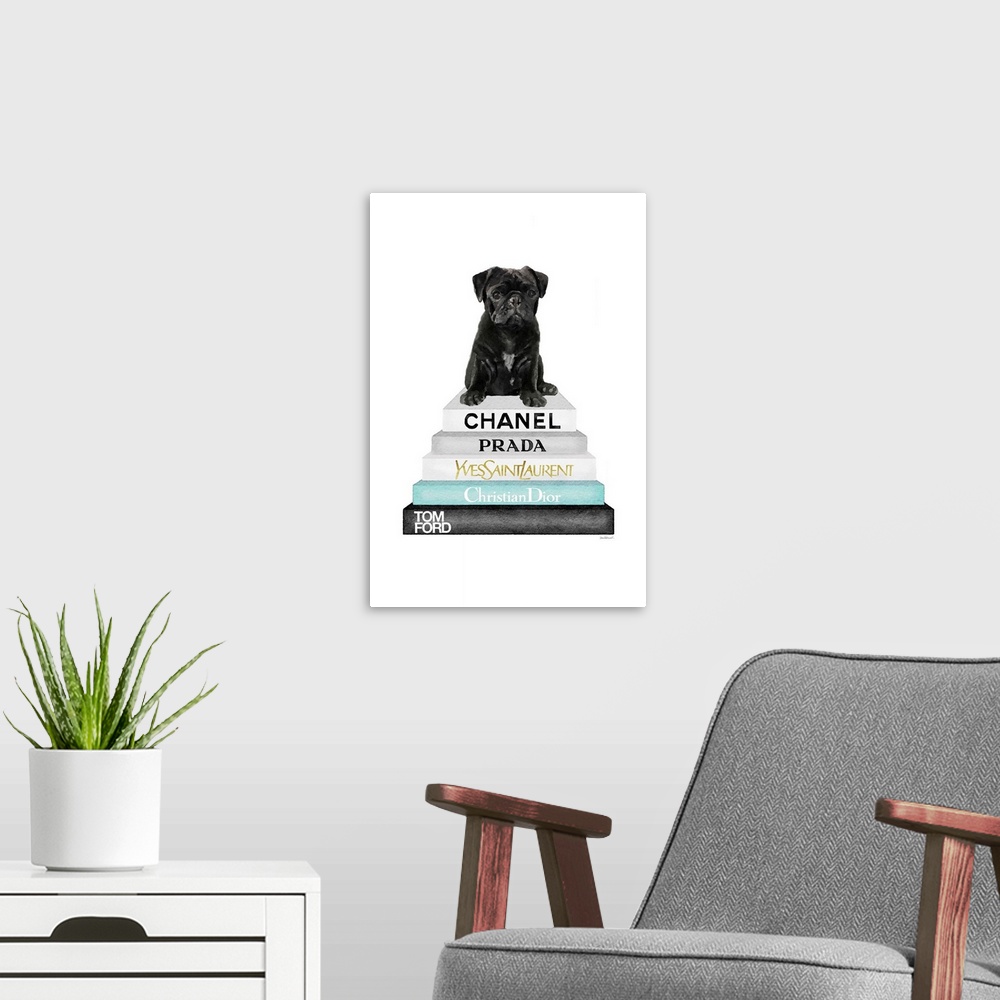 A modern room featuring Bookstack Teal Pug