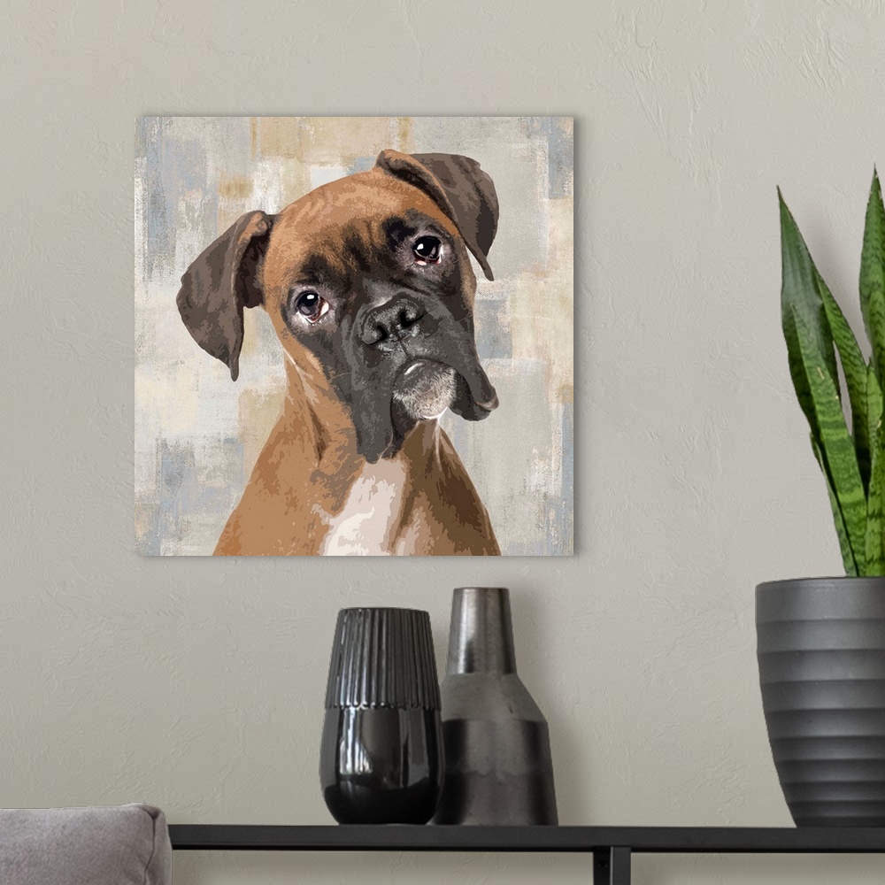 A modern room featuring Square decor with a portrait of a Boxer on a layered gray, blue, and tan background.