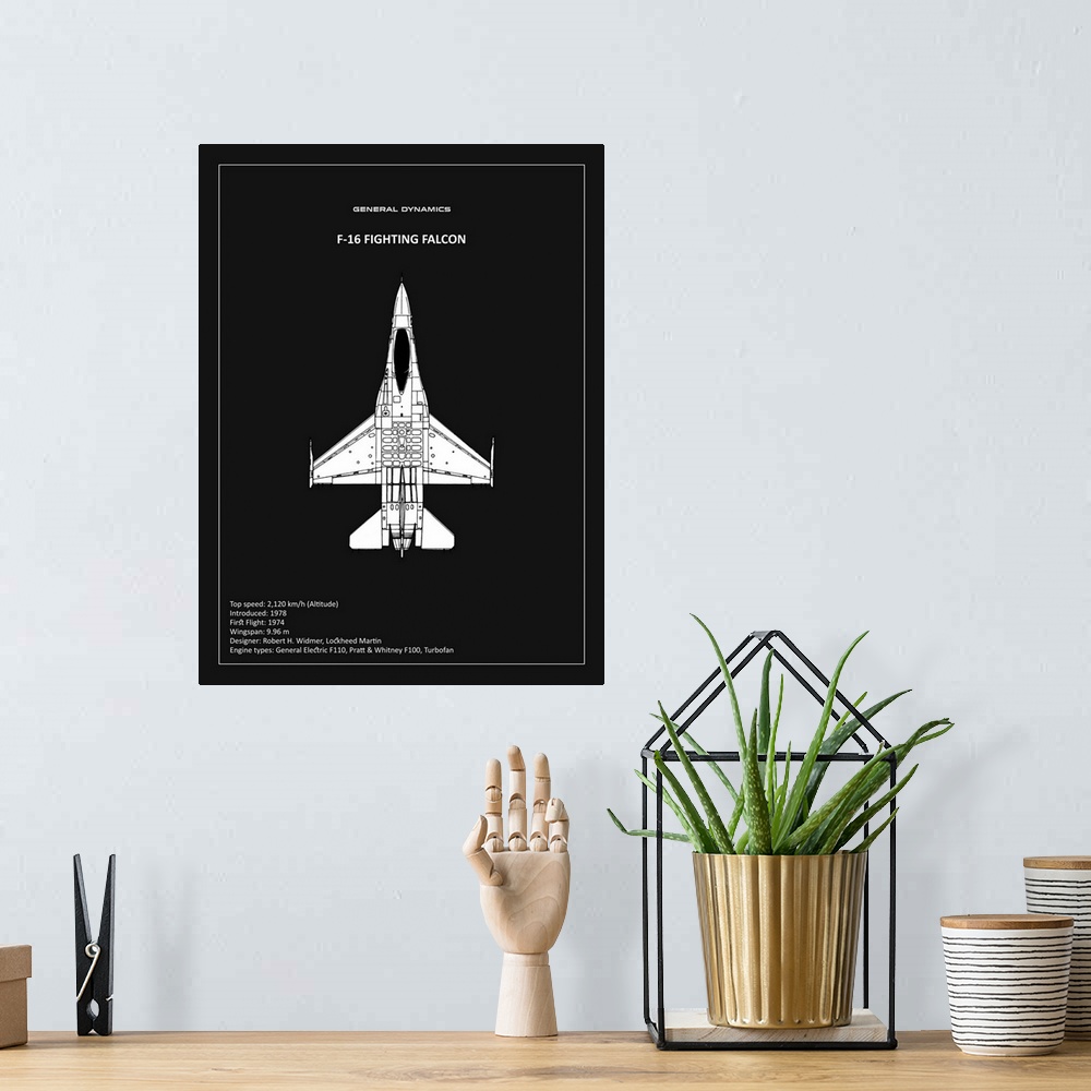 A bohemian room featuring Black and white diagram of a BP F-16 Fighting Falcon with written information at the bottom, on a...