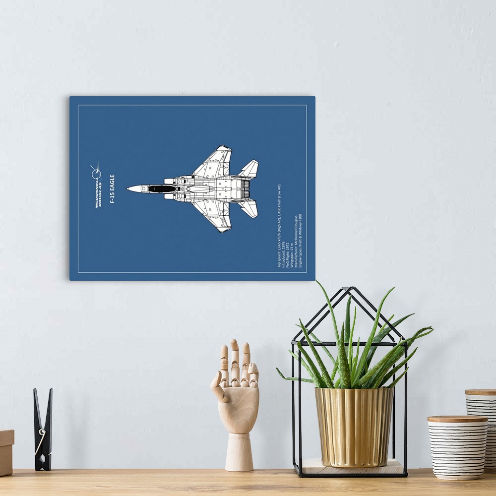 A bohemian room featuring Black and white diagram of a BP F15 Eagle with written information at the bottom, on a blue backg...