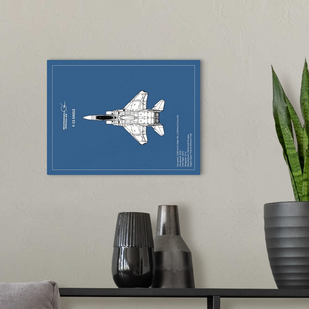 A modern room featuring Black and white diagram of a BP F15 Eagle with written information at the bottom, on a blue backg...
