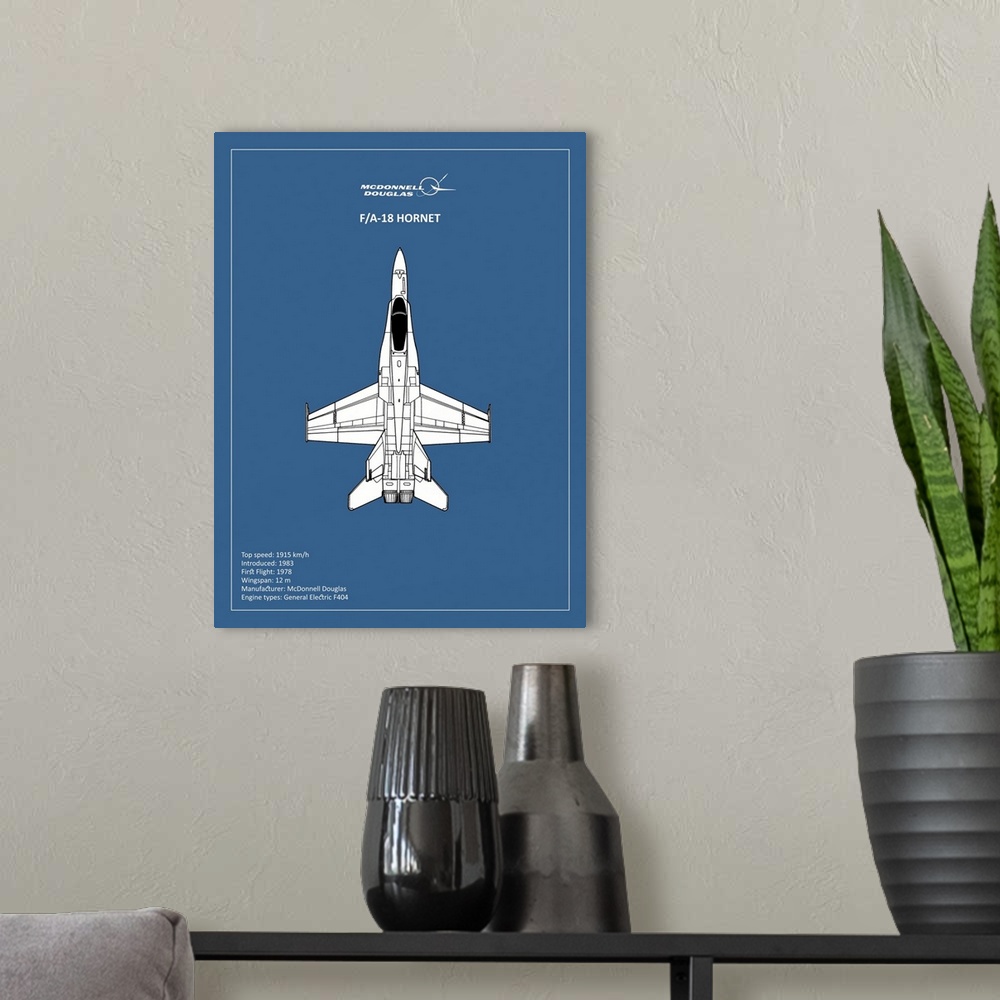 A modern room featuring Black and white diagram of a BP FA18 Hornet with written information at the bottom, on a blue bac...