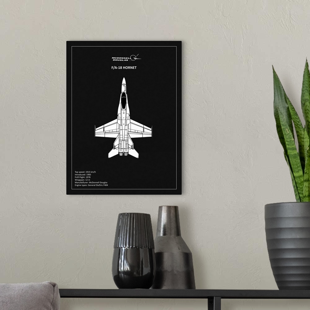 A modern room featuring Black and white diagram of a BP FA18 Hornet with written information at the bottom, on a black ba...