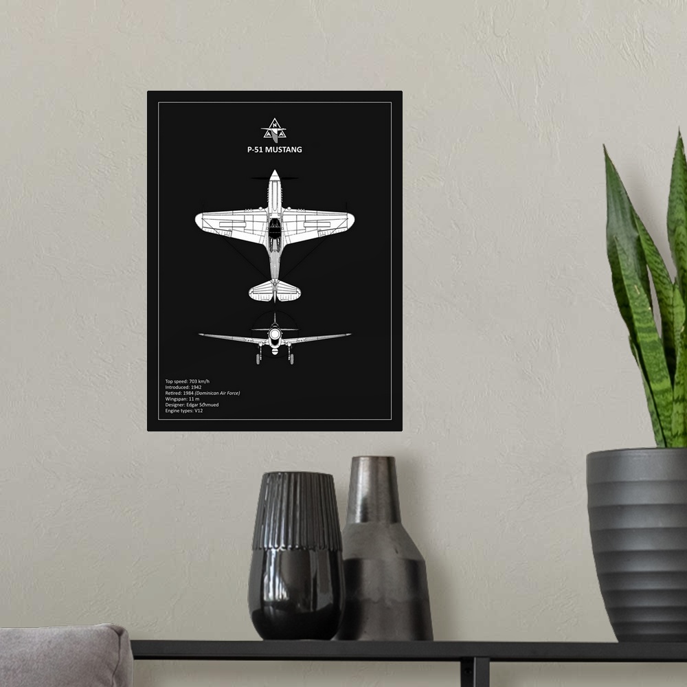 A modern room featuring Black and white diagram of a BP P-51 Mustang with written information at the bottom, on a black b...