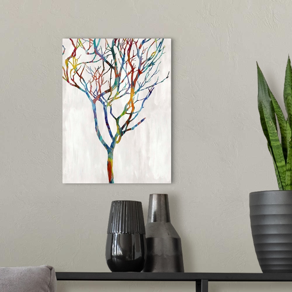 A modern room featuring Colorful silhouette of a leafless tree on a white and gray background.