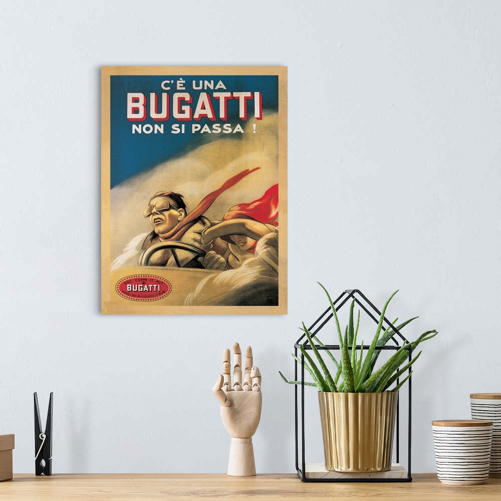 A bohemian room featuring Vintage advertisement for the car Bugatti, 1922