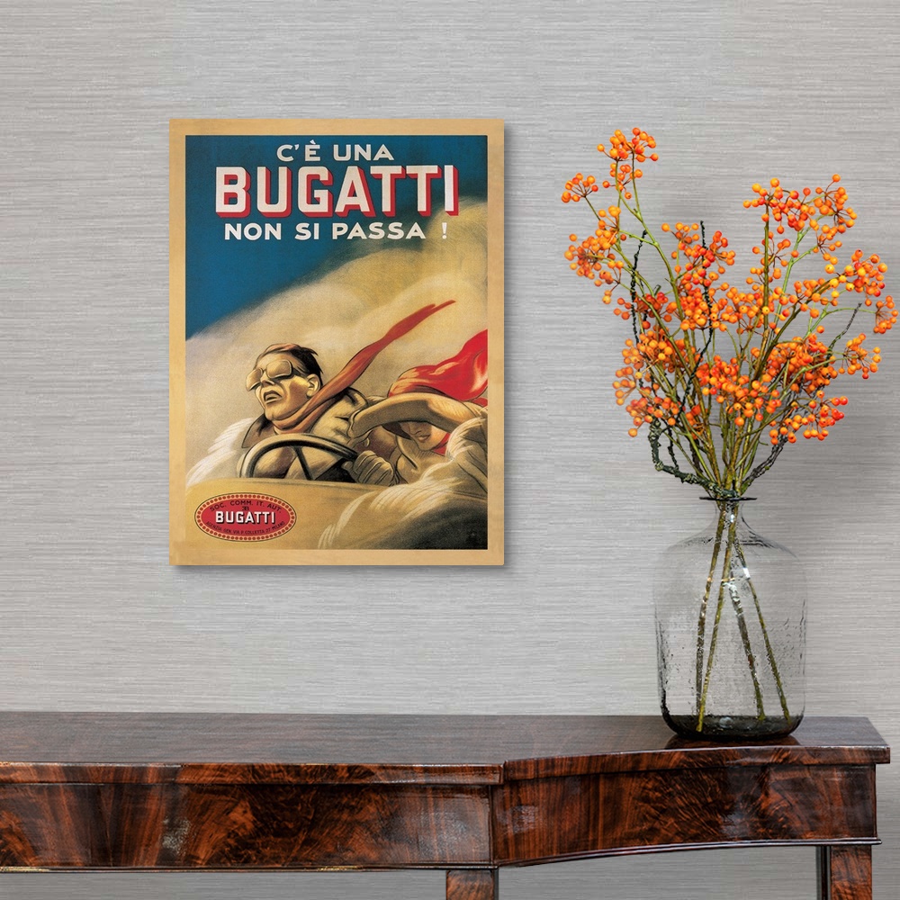 A traditional room featuring Vintage advertisement for the car Bugatti, 1922