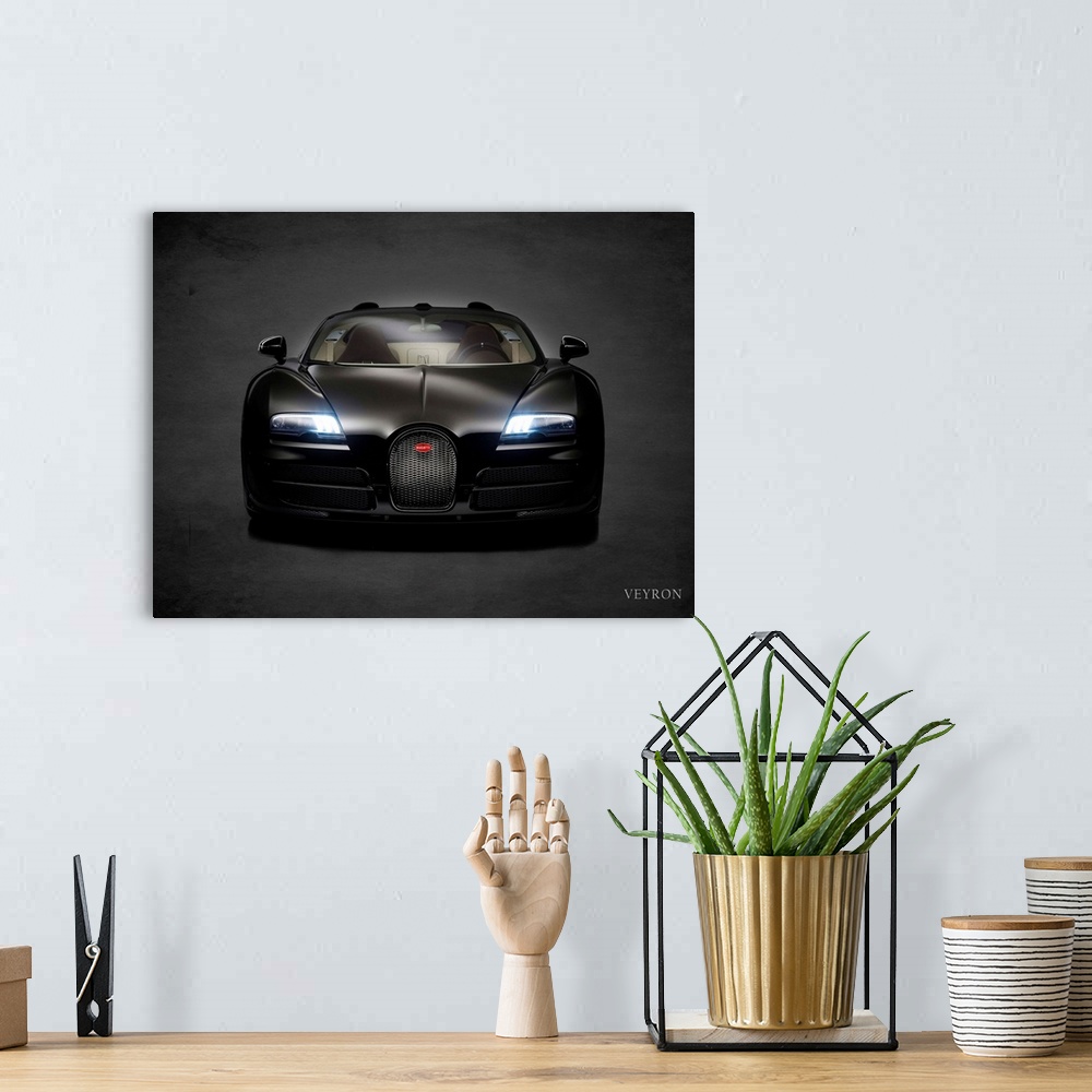A bohemian room featuring Photograph of a black Bugatti Veyron printed on a black background with a dark vignette.