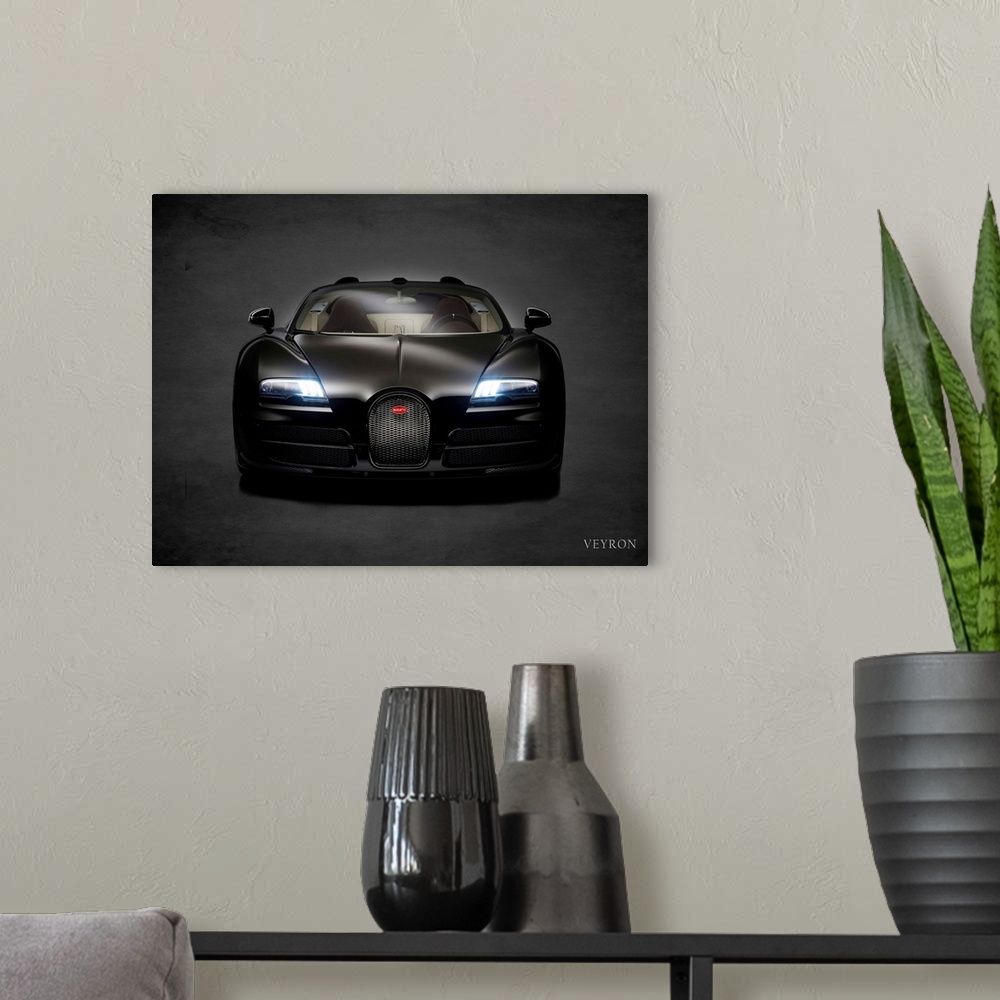 A modern room featuring Photograph of a black Bugatti Veyron printed on a black background with a dark vignette.