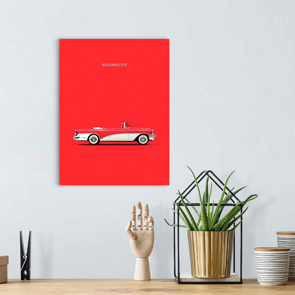 A bohemian room featuring Photograph of a red and white Buick Roadmaster 55 printed on a red background