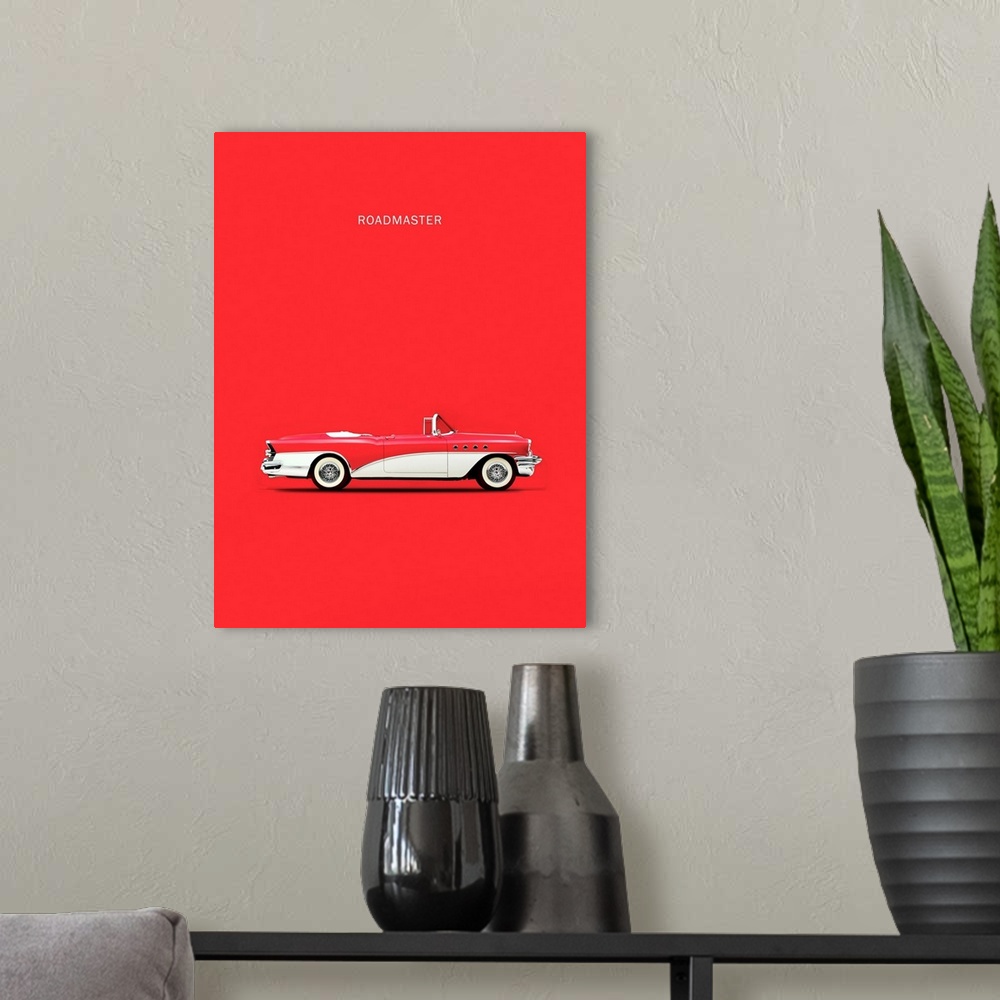 A modern room featuring Photograph of a red and white Buick Roadmaster 55 printed on a red background