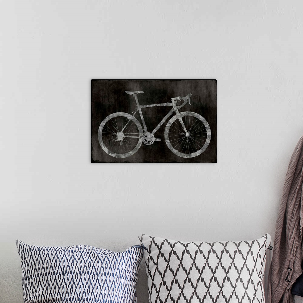 A bohemian room featuring Silver silhouette of a road bicycle on a black faded background.