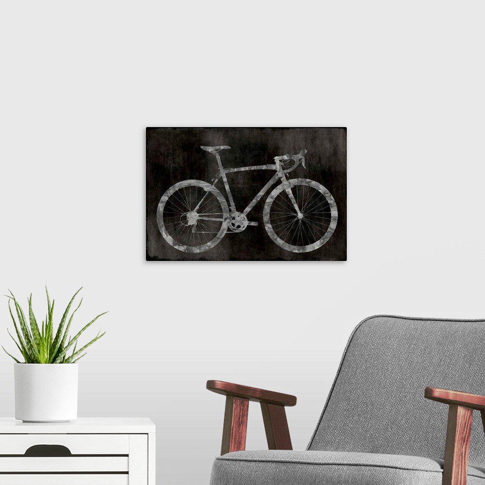 A modern room featuring Silver silhouette of a road bicycle on a black faded background.
