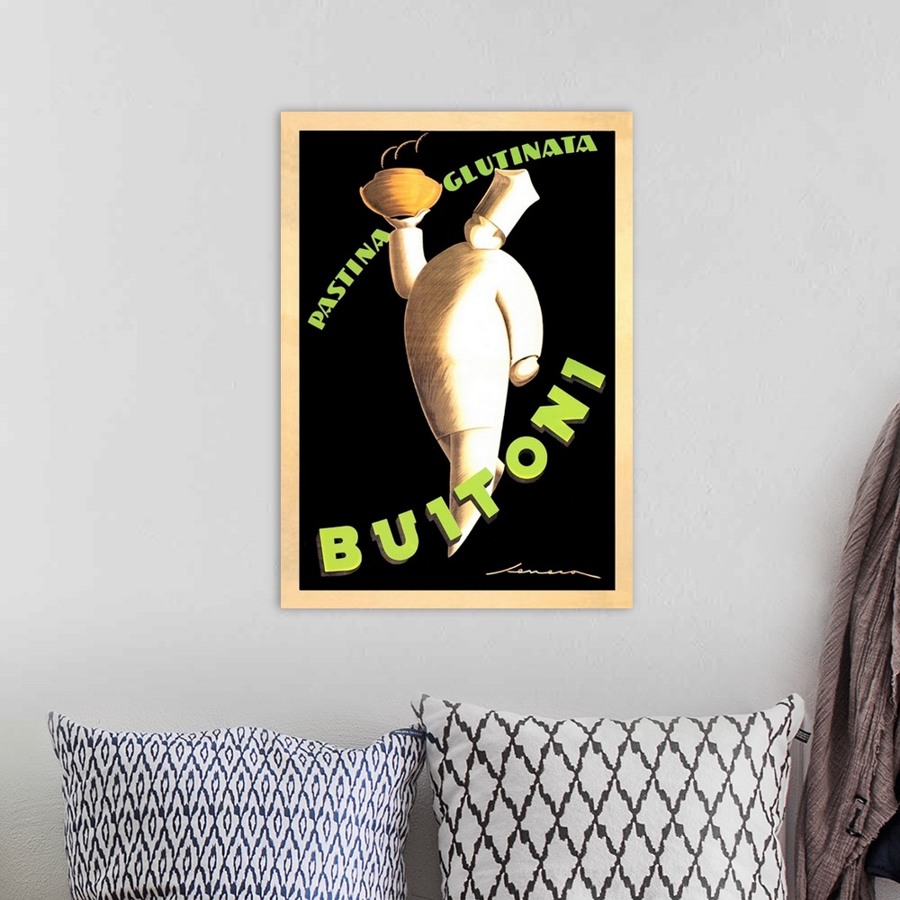 A bohemian room featuring Vintage Italian advertisement for Buitoni, 1928.