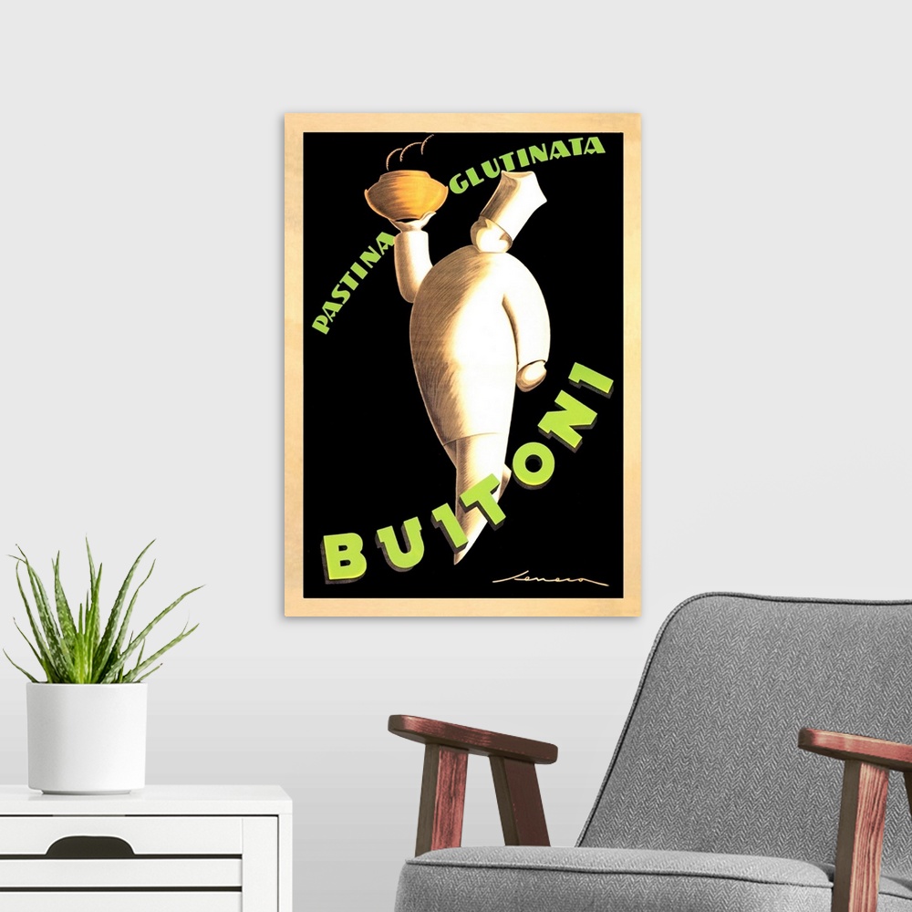 A modern room featuring Vintage Italian advertisement for Buitoni, 1928.