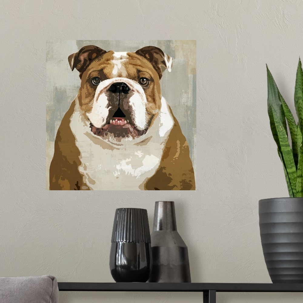 A modern room featuring Square decor with a portrait of a Bulldog on a layered gray, blue, and tan background.