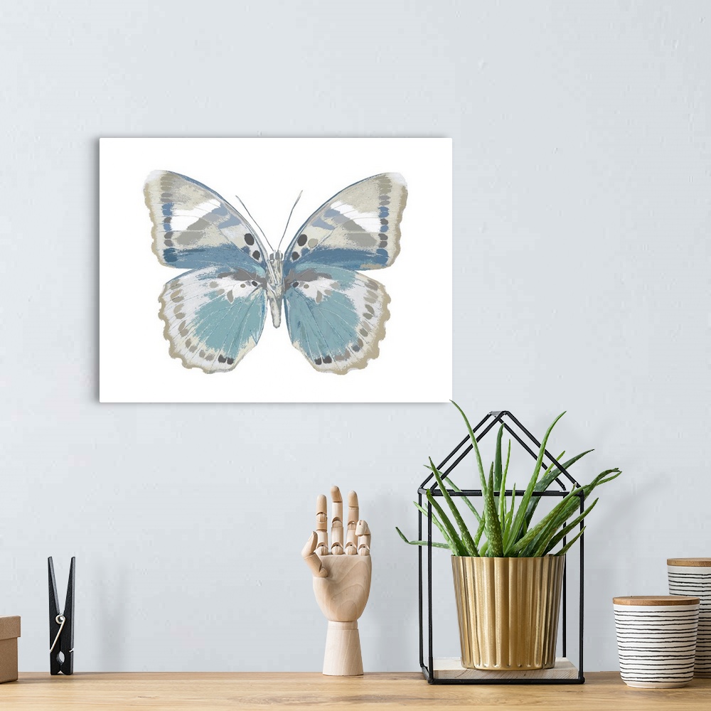 A bohemian room featuring Illustration of a blue, gray, black, and white butterfly on a white background.