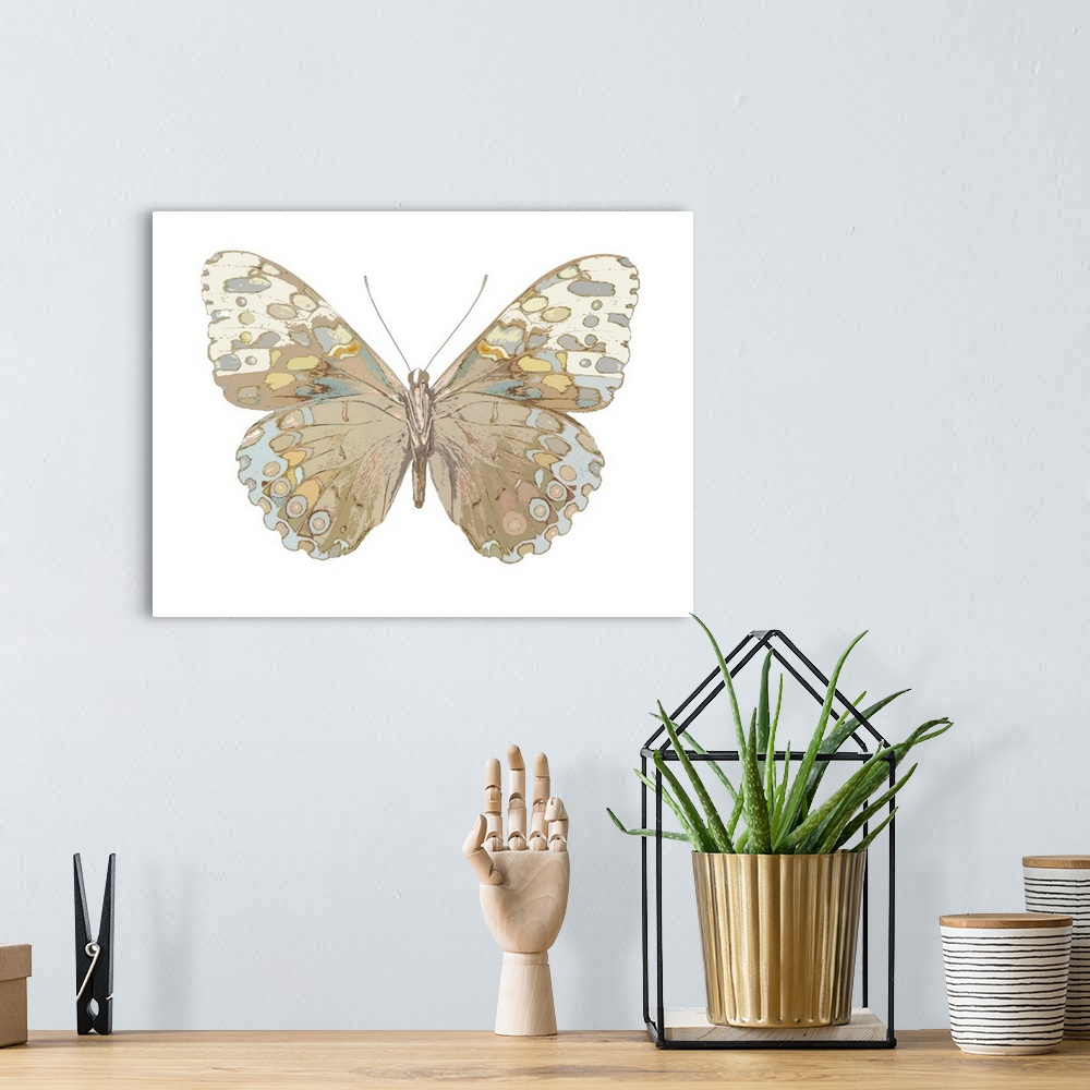 A bohemian room featuring Illustration of a taupe, blue, and yellow butterfly on a white background.