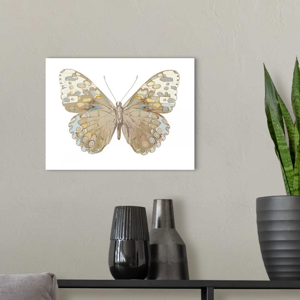 A modern room featuring Illustration of a taupe, blue, and yellow butterfly on a white background.