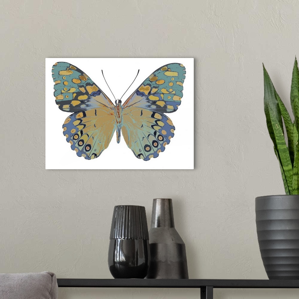 A modern room featuring Illustration of a butterfly in shades of blue and gold on a white background.