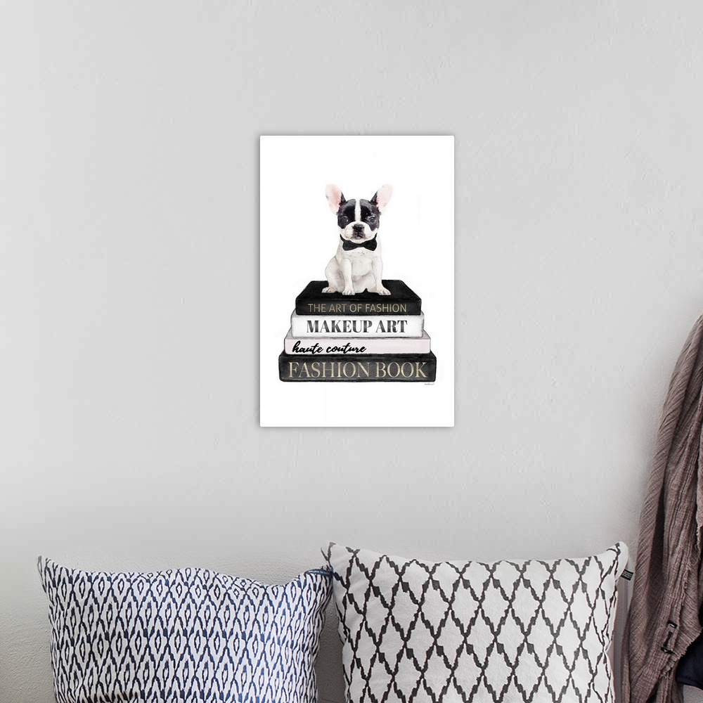 A bohemian room featuring B&W Frenchie Bookstack