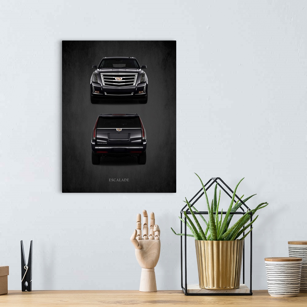 A bohemian room featuring Photograph of the front and back of a black Cadillac Escalade printed on a black background with ...