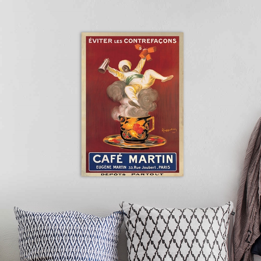 A bohemian room featuring Vintage advertisement for Cafe Martin, 1921.