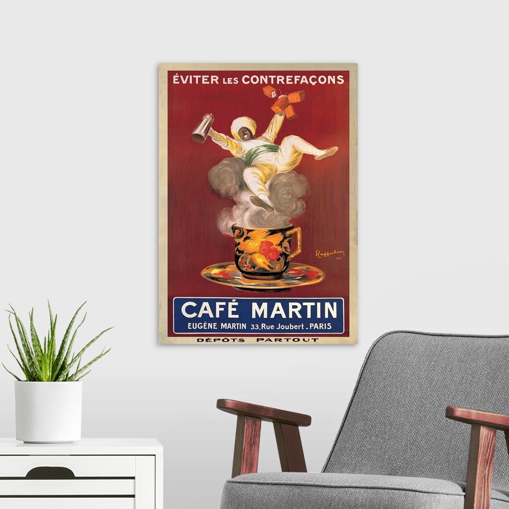 A modern room featuring Vintage advertisement for Cafe Martin, 1921.