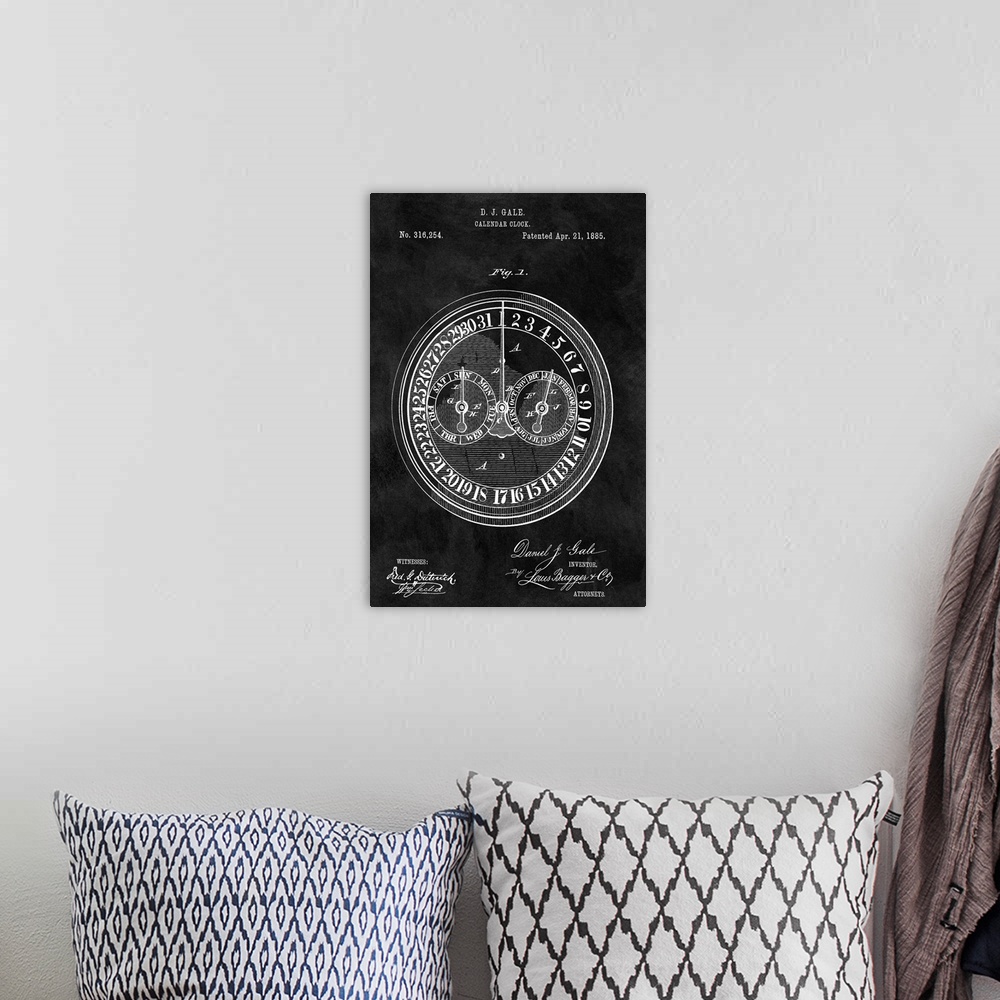 A bohemian room featuring Antique style blueprint diagram of a Calendar Clock printed on a black background