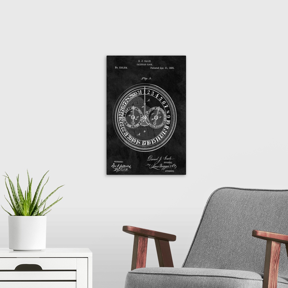 A modern room featuring Antique style blueprint diagram of a Calendar Clock printed on a black background