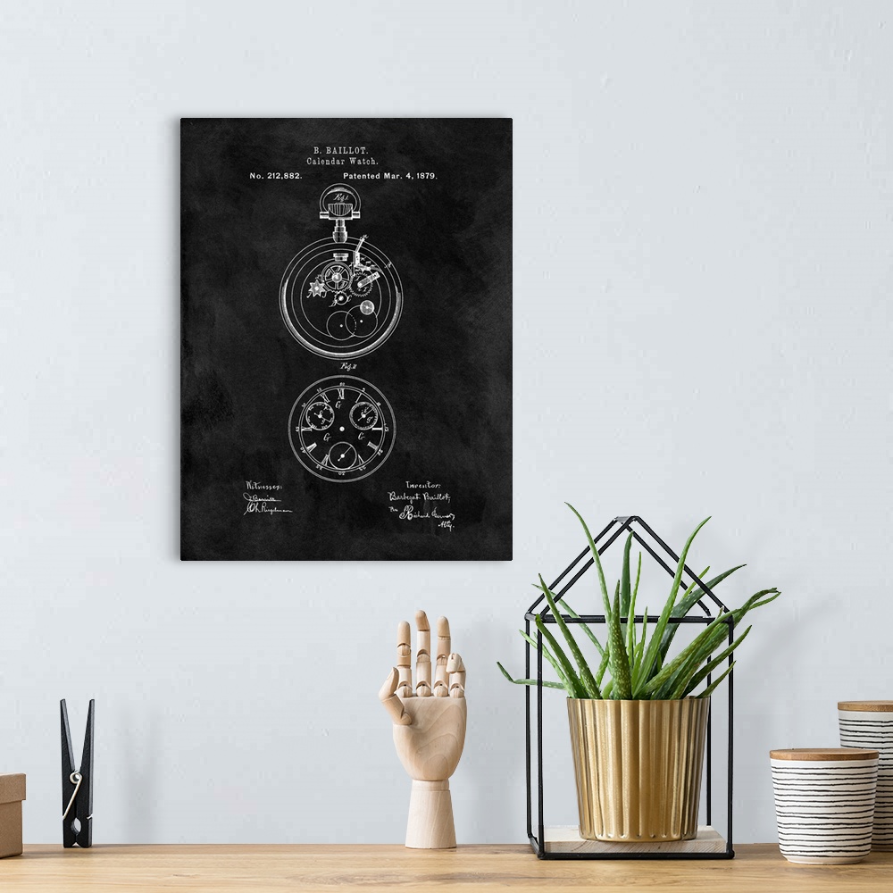 A bohemian room featuring Antique style blueprint diagram of a Calendar Watch printed on a black background