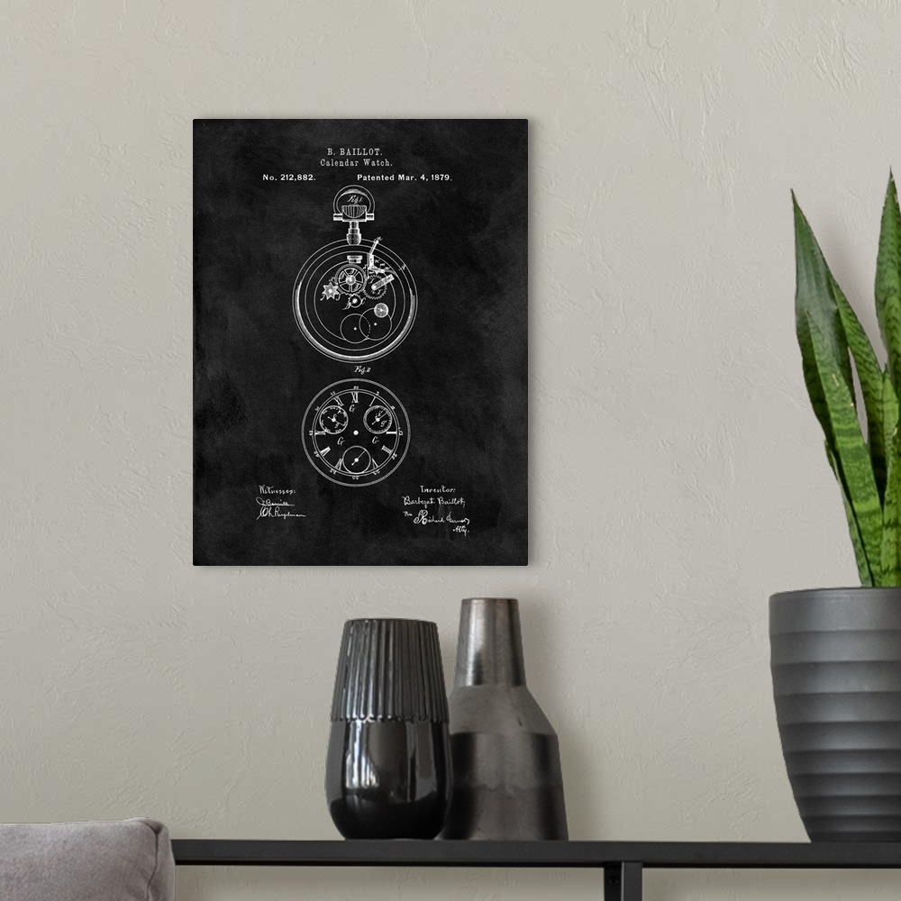 A modern room featuring Antique style blueprint diagram of a Calendar Watch printed on a black background