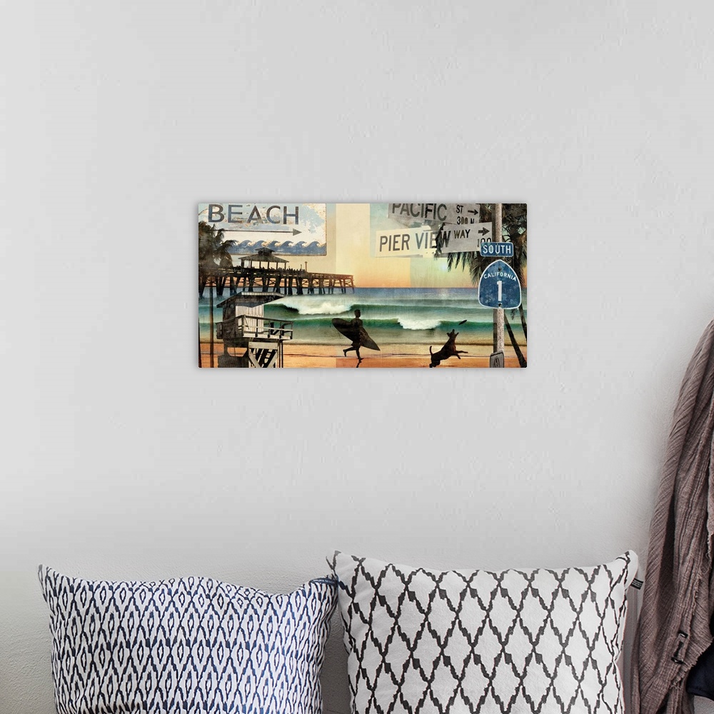A bohemian room featuring Beach themed decor with a silhouette of a surfer and a dog in front of the ocean with beach signs...