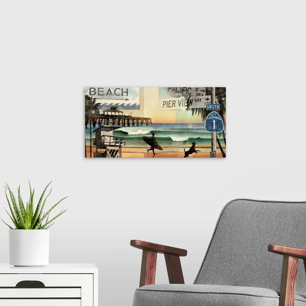 A modern room featuring Beach themed decor with a silhouette of a surfer and a dog in front of the ocean with beach signs...