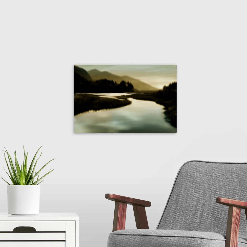 A modern room featuring Contemporary artwork of a river view landscape as a blurred silhouette.
