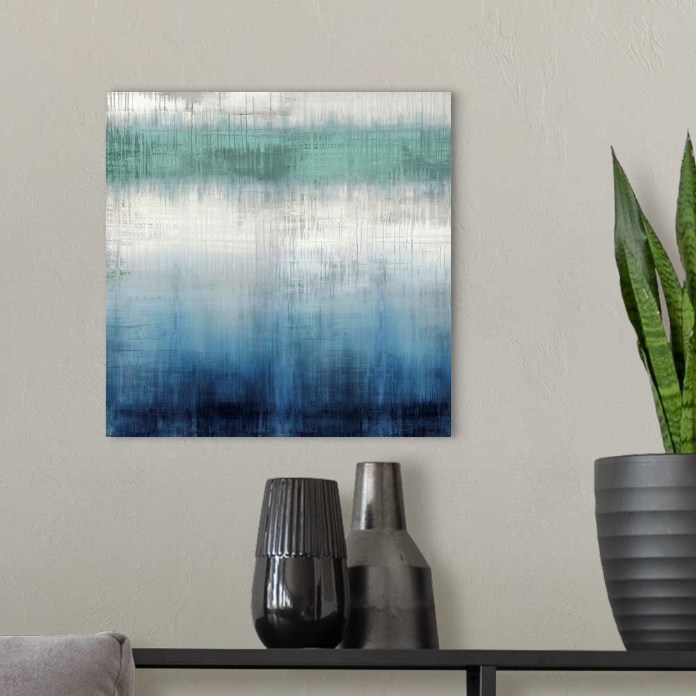 A modern room featuring Abstract artwork of vertical dripping paint in blue, white and green with visible horizontal line...
