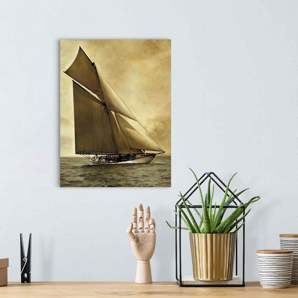 A bohemian room featuring Contemporary painting of a sailboat in the middle of the ocean with sepia tones.