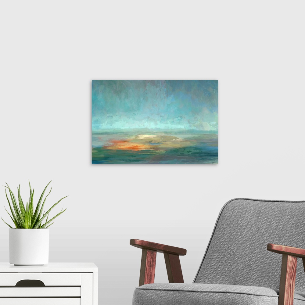 A modern room featuring This contemporary artwork features a horizontal landscape with pools of warm orange color popping...
